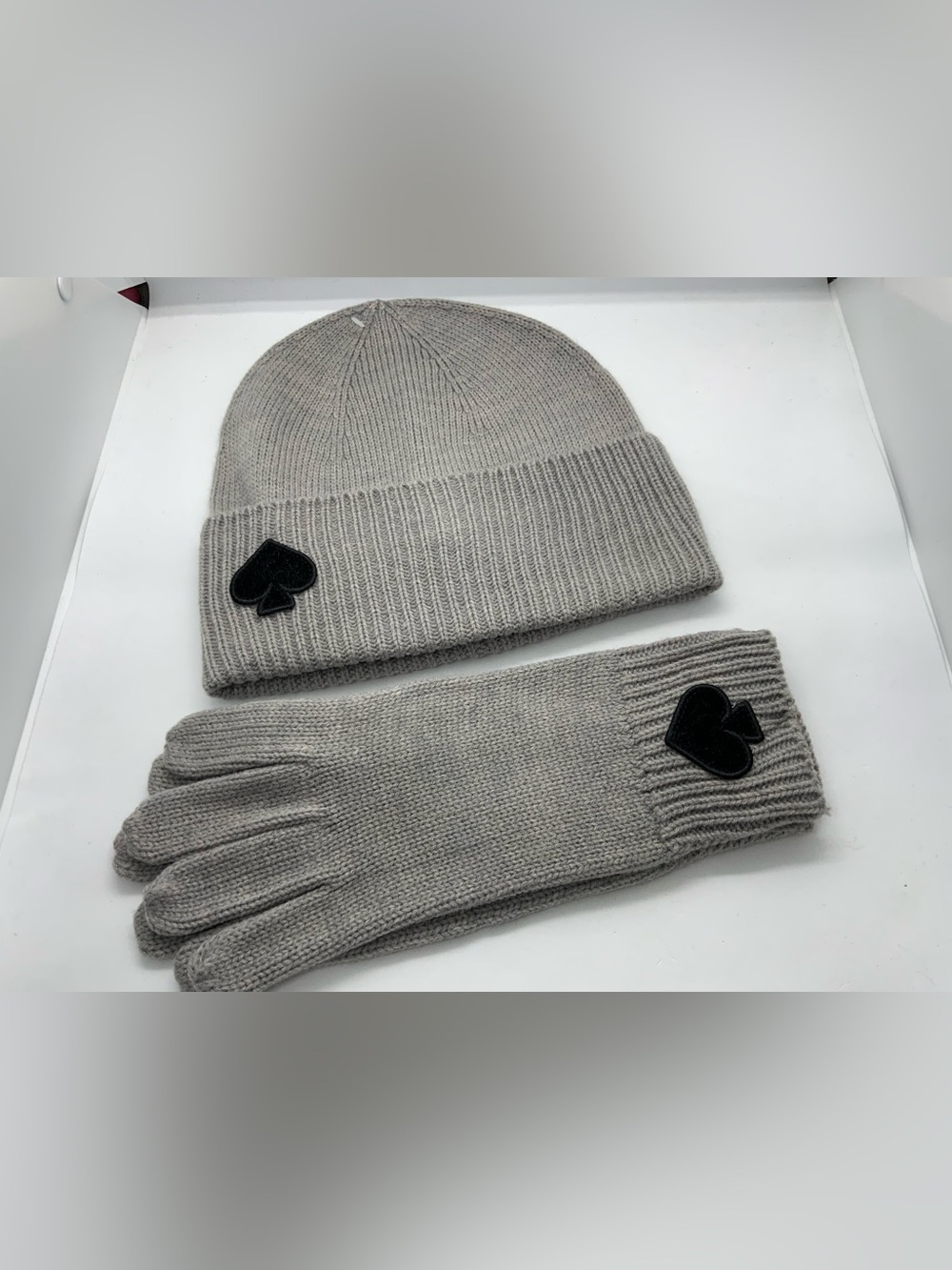 Kate spade Gray Knit Beanie and Gloves Set with Black Spade Accent Set